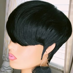 180% Density Natural Black Layered Pixie Cut Wavy Short Human Hair Wigs